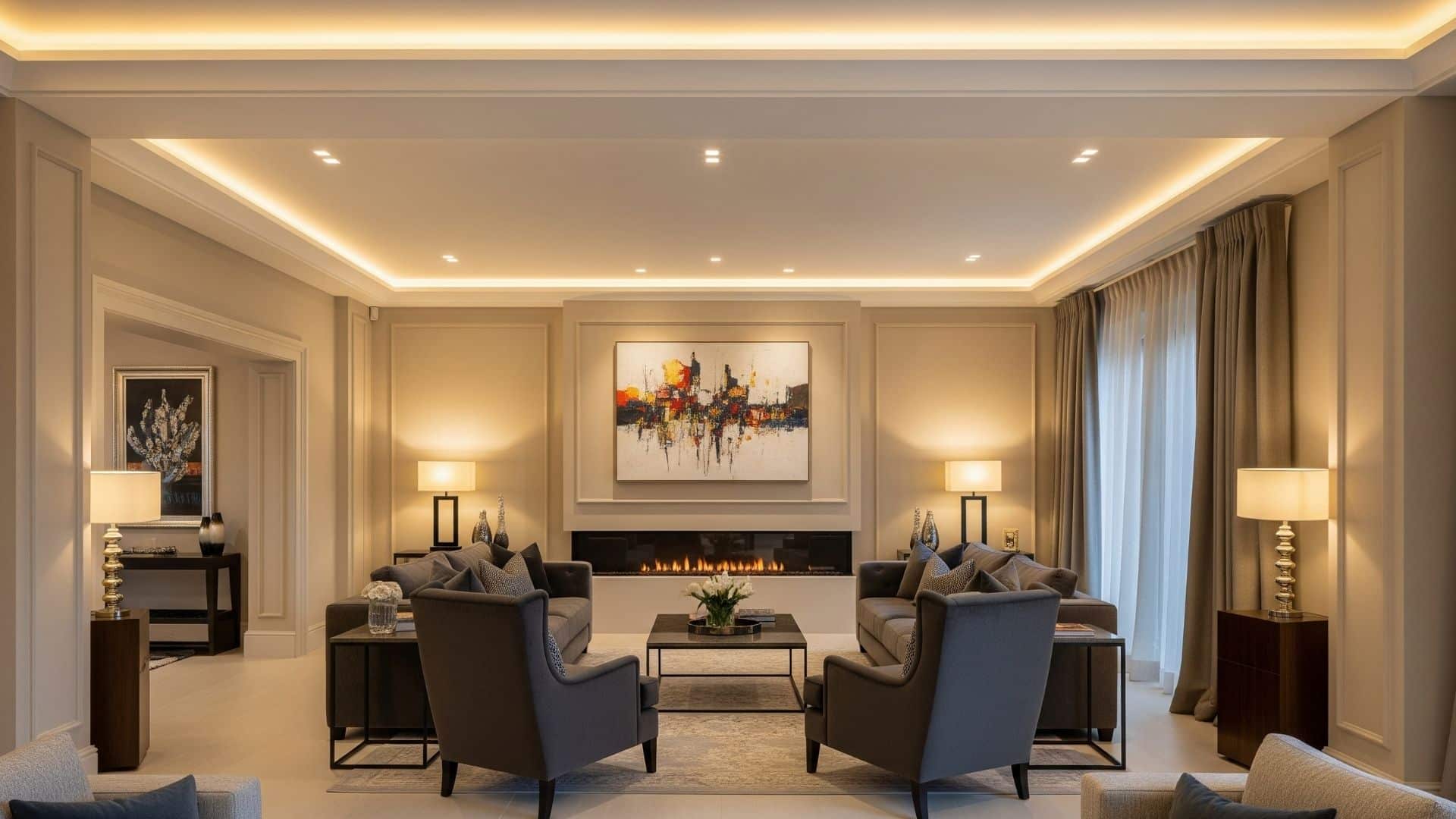 A beautifully finished living room with flawless, smooth walls, showcasing professional drywall services.