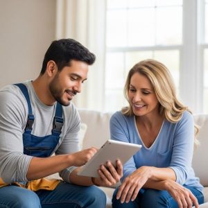 Homeowner and drywall contractor discussing project plans.