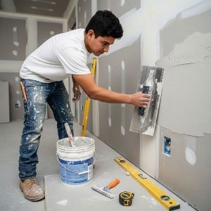 Skilled contractor smoothing drywall.