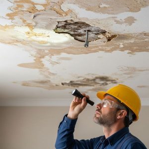 Inspecting water-damaged ceiling.