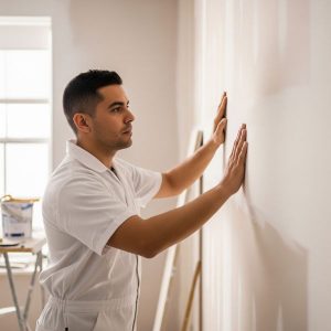 Person inspecting a freshly painted wall.