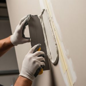 A skilled worker uses a taping knife to apply joint compound smoothly to a wall