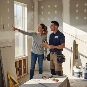 A homeowner and a contractor happily review the progress of a home remodel