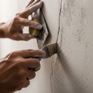 An expert carefully applies texture to a wall to match the existing surface.