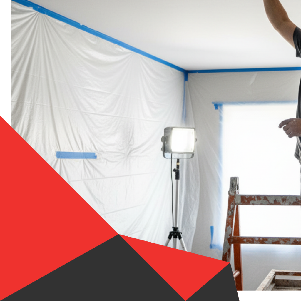 walls taped off while removing popcorn ceiling