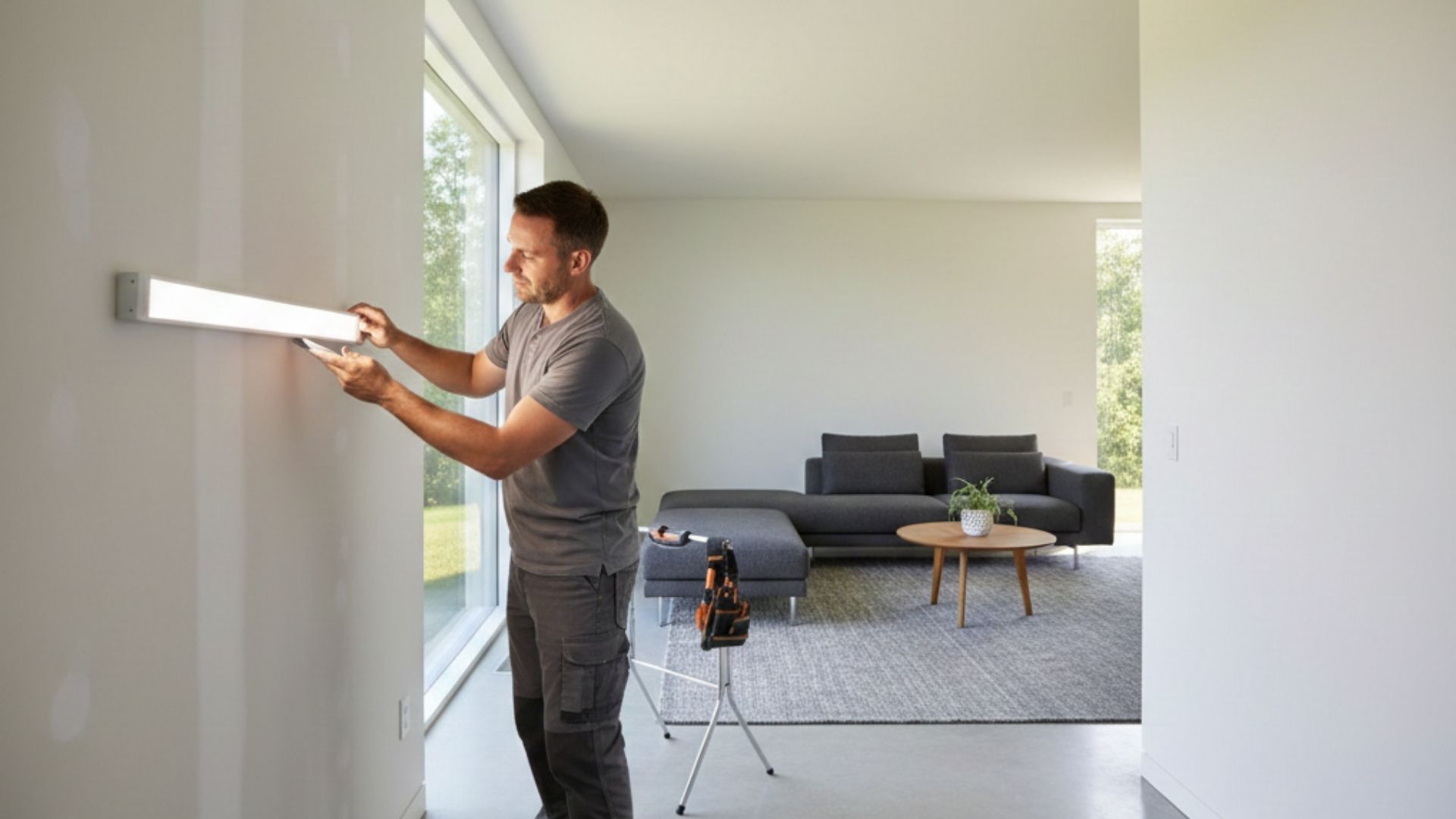 A drywall contractor inspecting a perfectly finished, newly repaired wall in a modern, sunlit room.