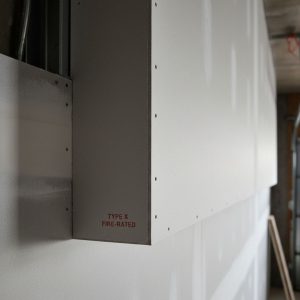 Thick, fire-rated Type X drywall panel installed on a wall, emphasizing safety and durability.