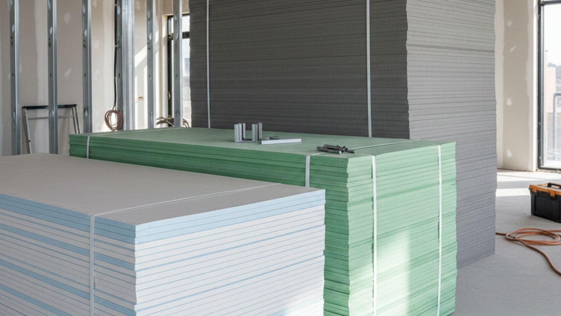 Stack of different colored drywall types, including standard and moisture-resistant panels, on a construction site.
